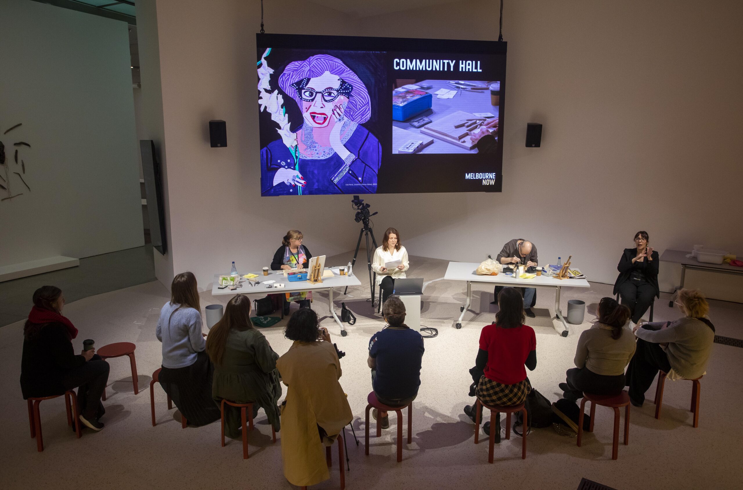 Audience watching the APA Artist Talks at Melbourne Now's Community Hall