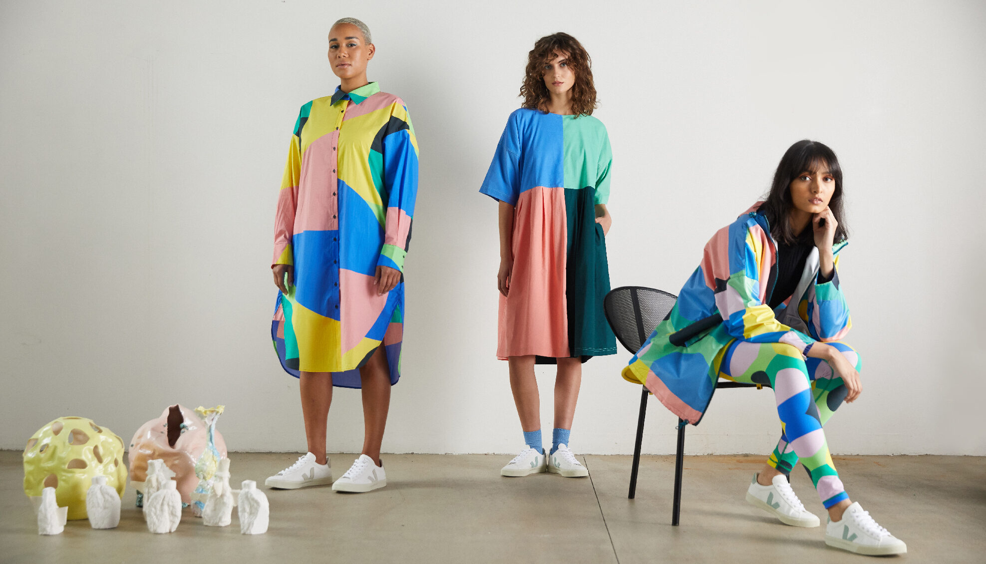 Gorman and Arts Project Australia collaboration, three models wearing garments with ceramic sculptures