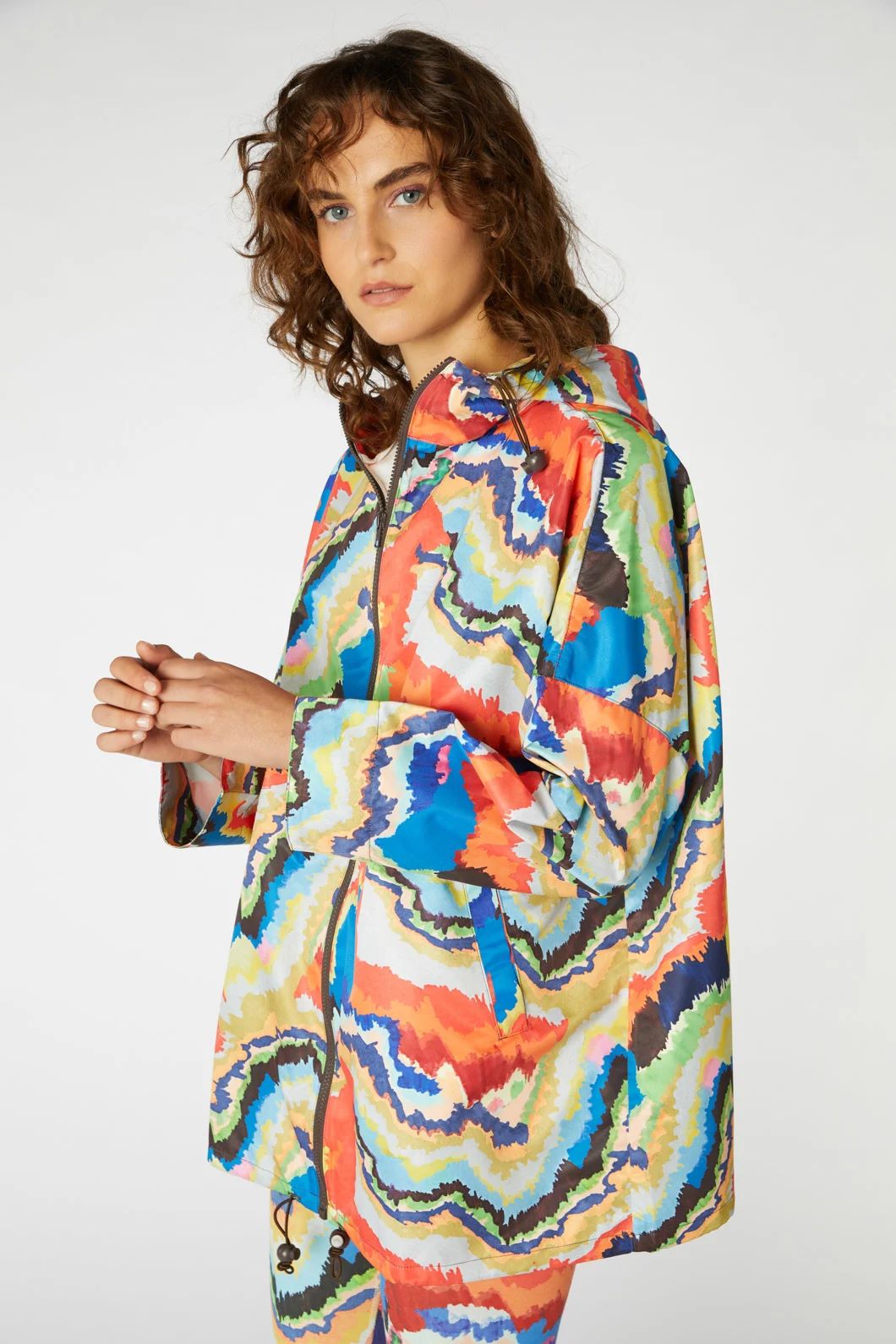 Arts Project Australia X Gorman collaboration, Rebecca Scibilia design on a raincoat