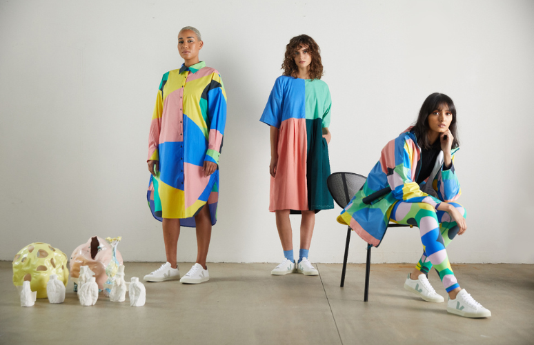 Arts Project Australia X Gorman collaboration, three people model clothes featuring designs by artists