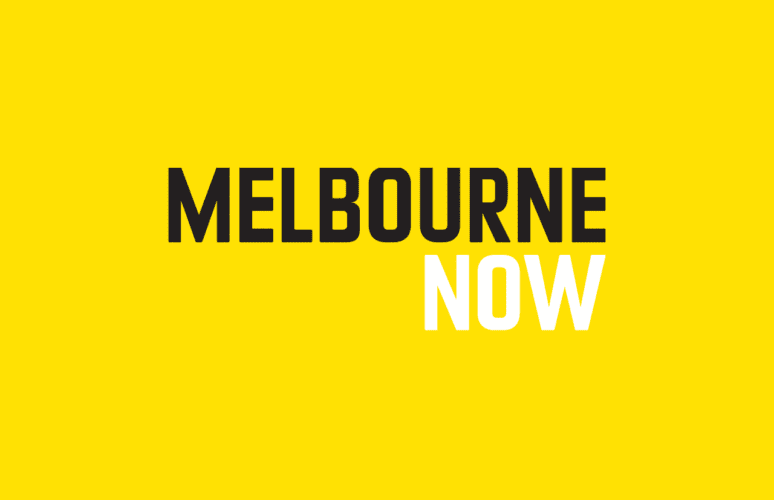 melbourne now square tile with yellow background and text saying Melbourne in black and now in white.