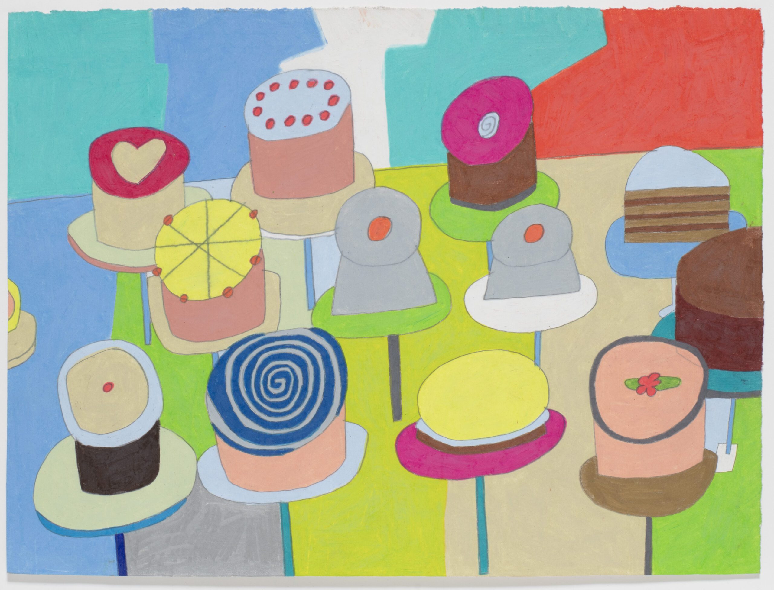 A brightly coloured drawing depicting a series of 13 cakes. The cakes are drawn on top of tables. The background of the drawing features abstract blocks of colour.