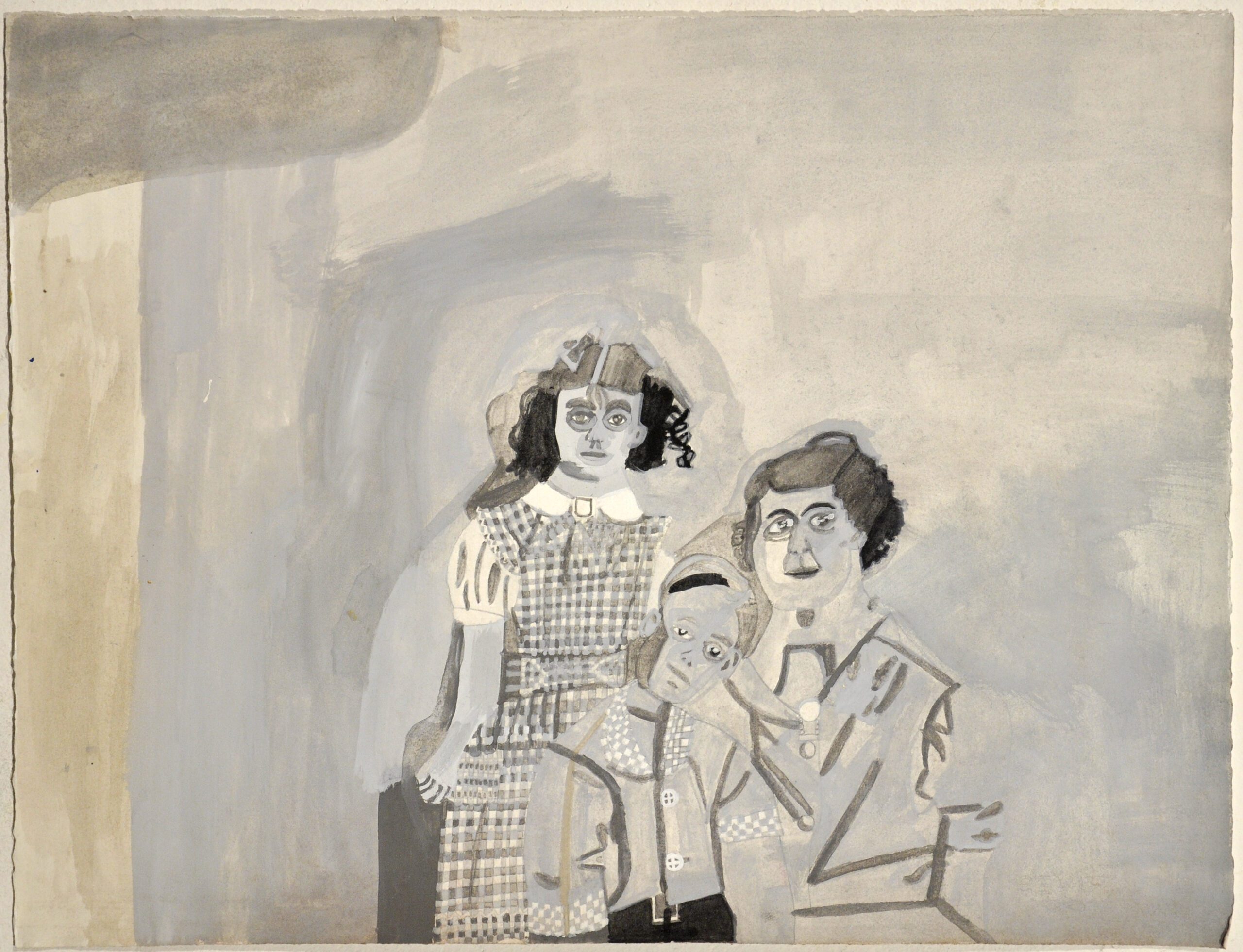 A painting by Lisa Reid depicting her grandma, Aunty Shirley and her dad. Lisa has painted the portrait to look like an old sepia coloured photograph.