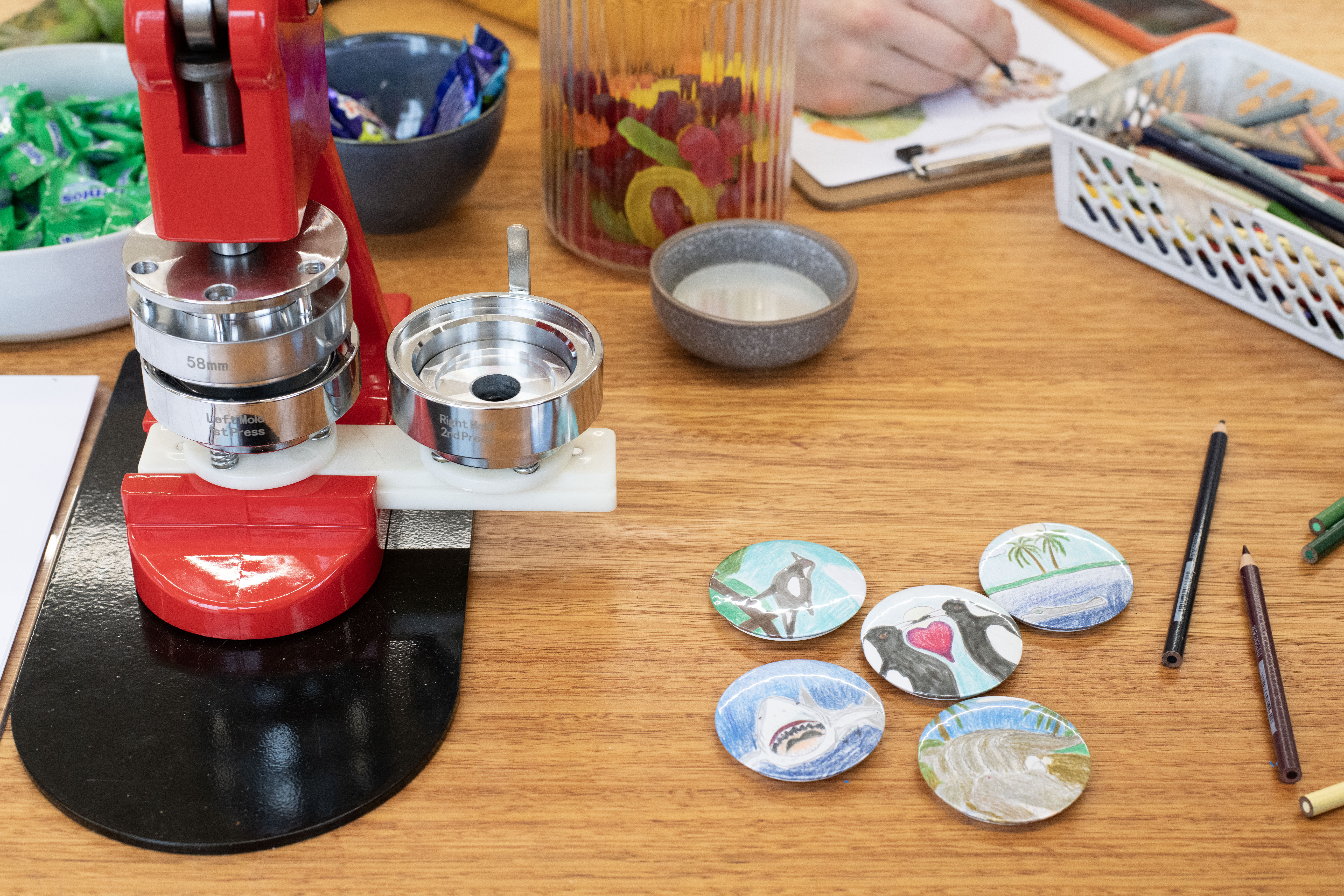 The badge making station at the Strange Creature Creations Workshop