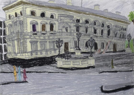 A coloured pencil drawing of an old building in the city of Melbourne