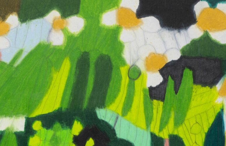 A drawing of white daisies surrounded by abstract green foliage