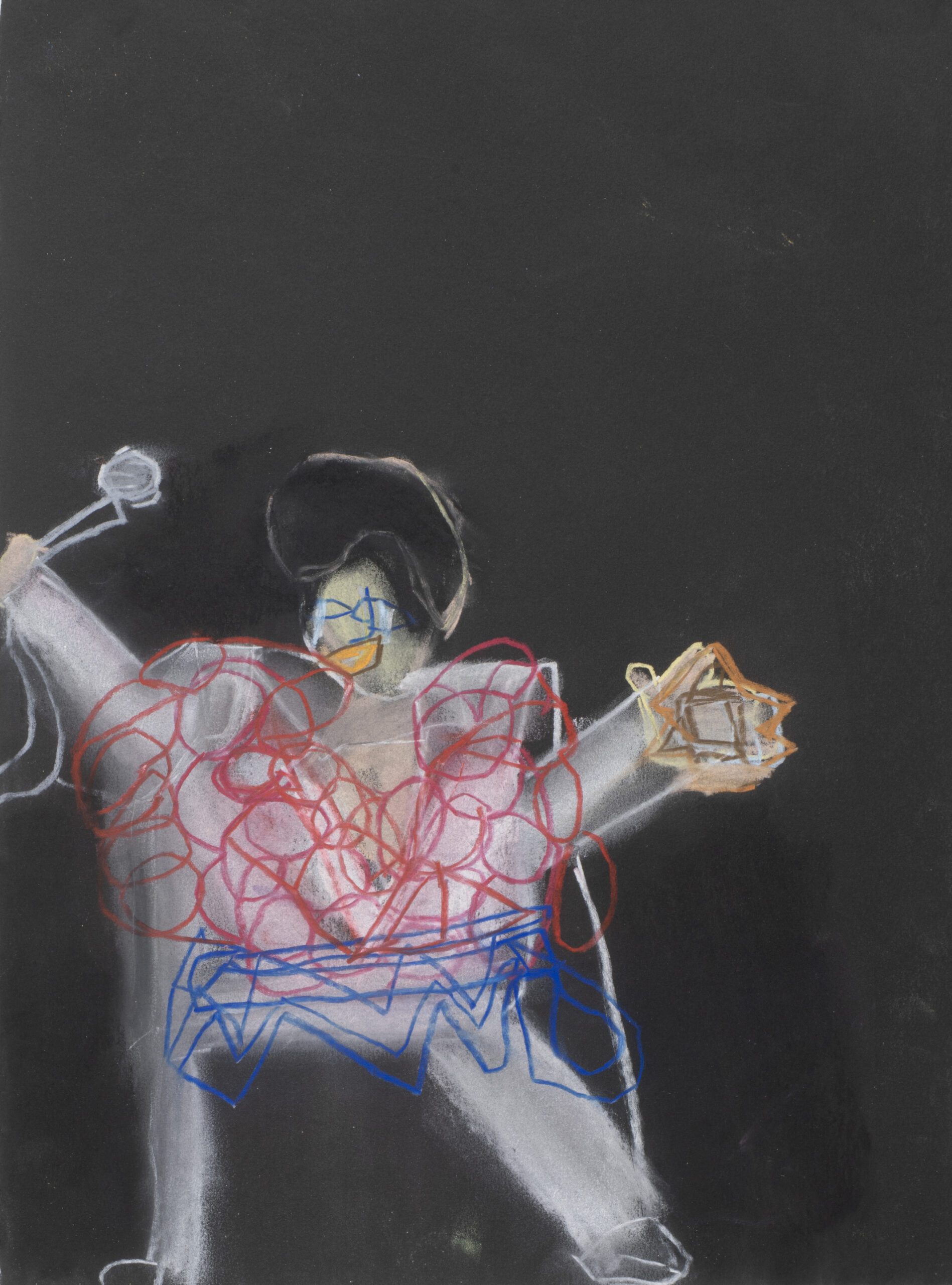 A pastel drawing by Dionne Canzano of Elvis Presley in Hawaii Wearing a red Lai, the drawing is against a black background.