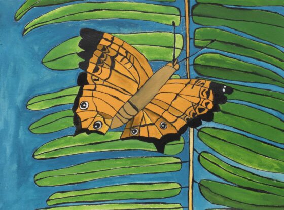 this is a drawing of an orange butterfly. In the background is a green leaf against a blue sky.