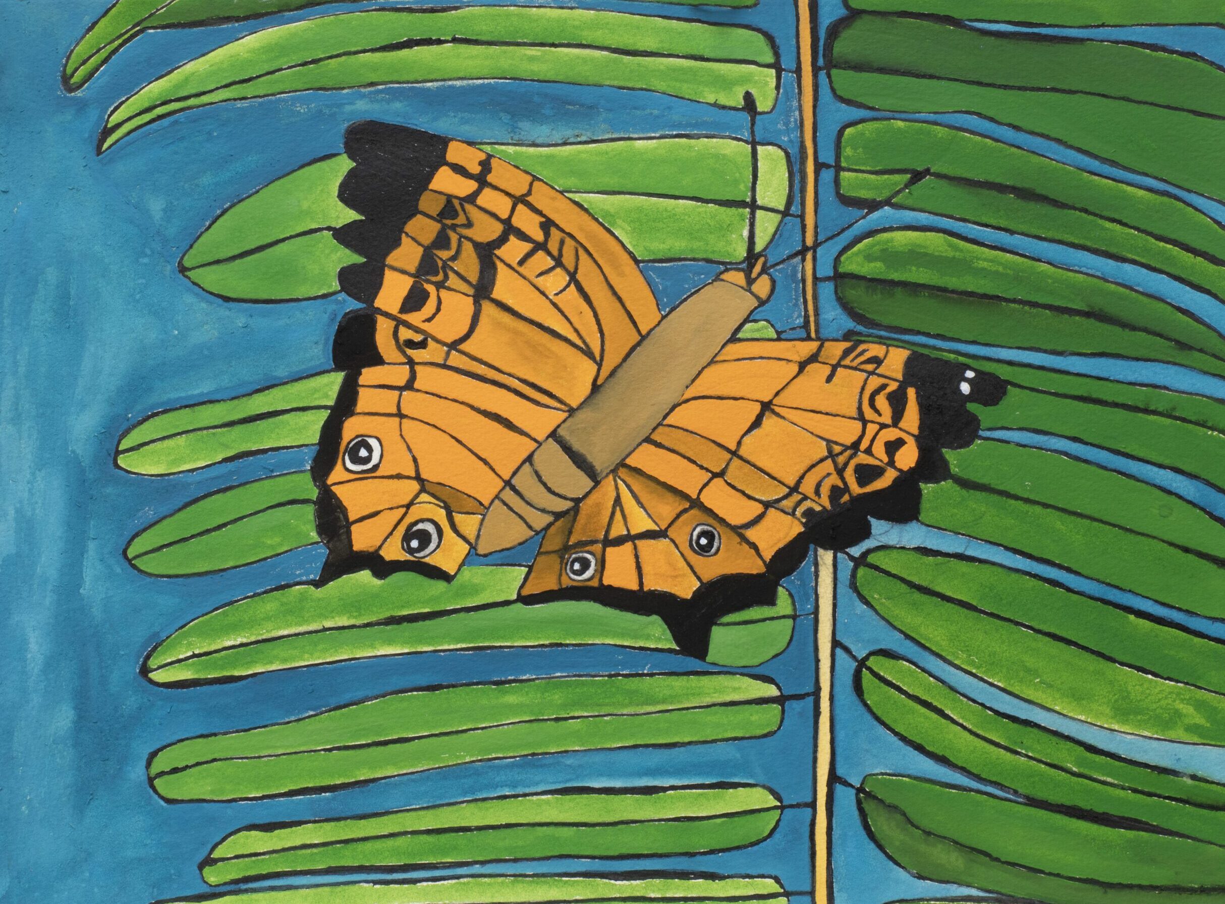 this is a drawing of an orange butterfly. In the background is a green leaf against a blue sky.