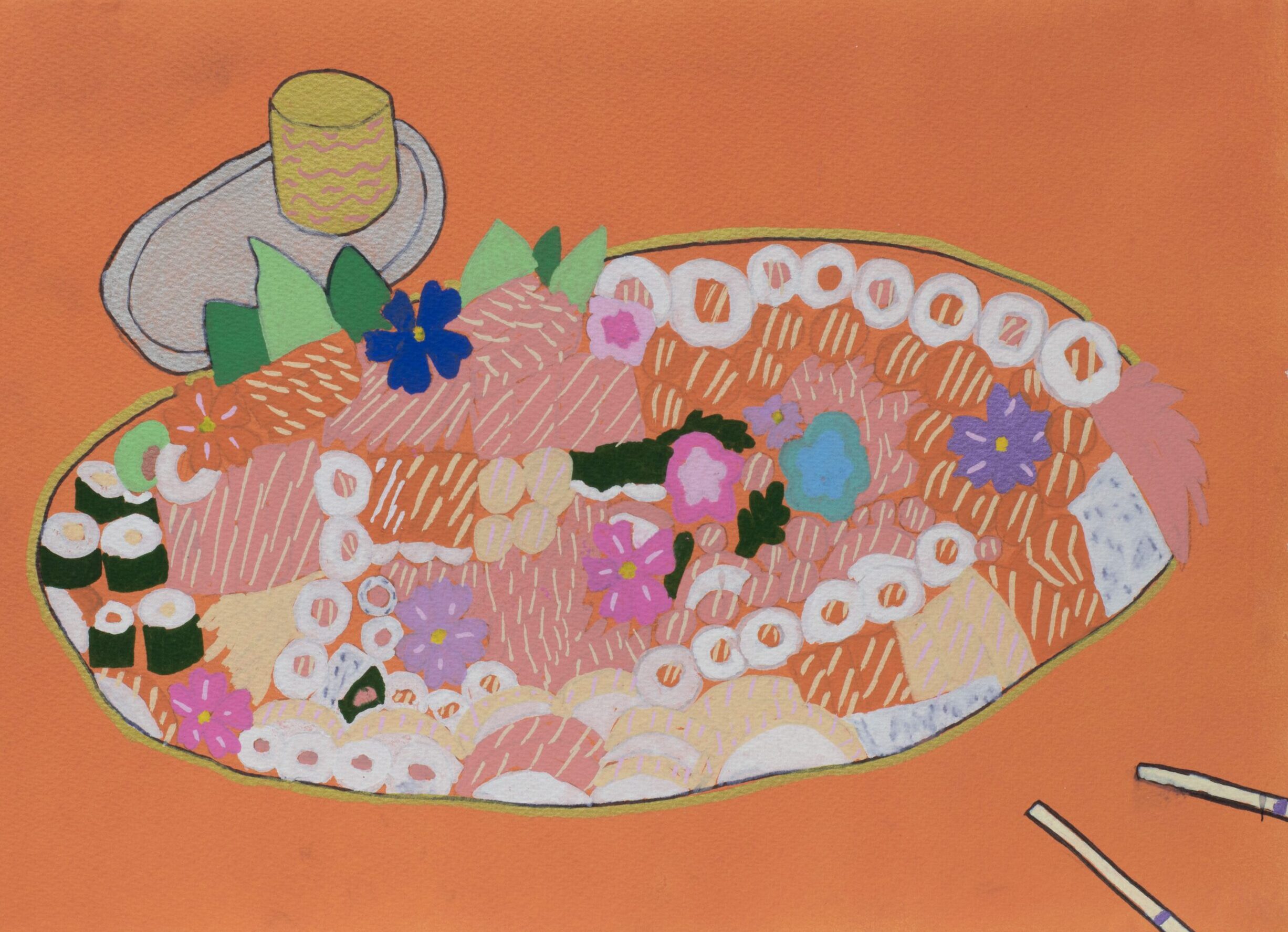 This is a drawing of a sushi platter