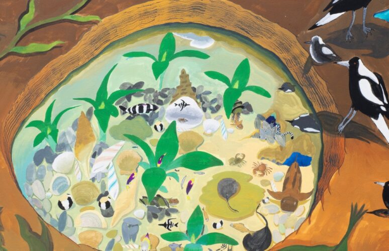 This is an artwork by Miles Howard-Wilks. It is a painting of the sea life inside a rock pool.