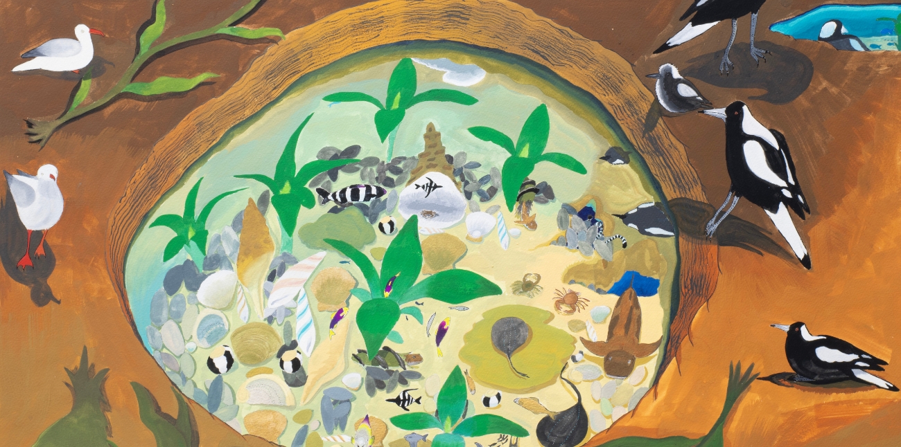 This is an artwork by Miles Howard-Wilks. It is a painting of the sea life inside a rock pool.