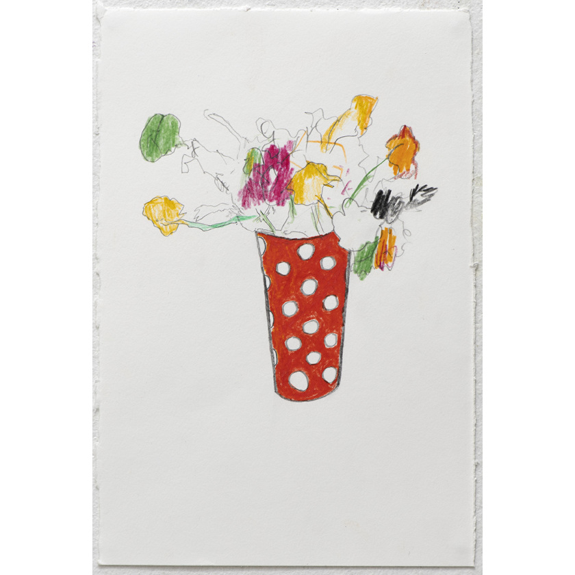 Flowers with vase with orange red polka dot vase