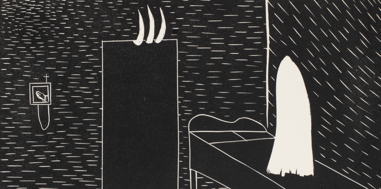 A detail of a back and white print by Aidan Sefo.