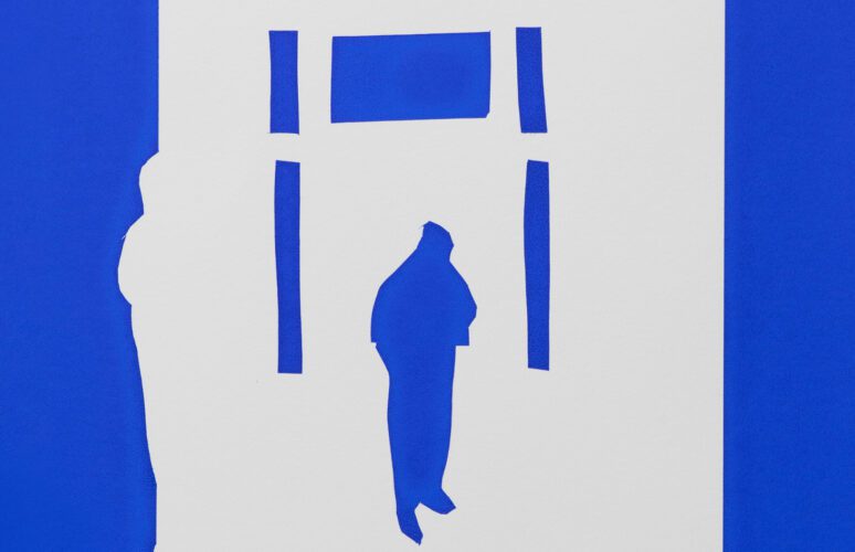 This is a promotional banner for the houses spouses crisis and chrises exhibition. The image shows a vague character lingering in the doorway of a house.