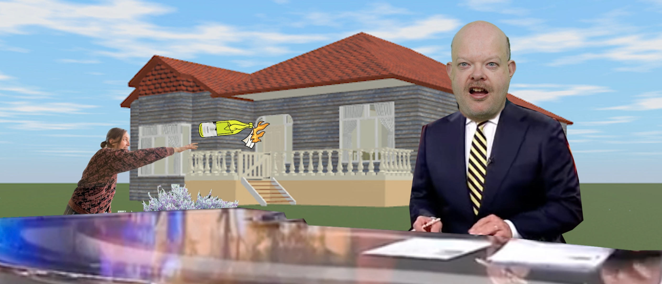 This banner promotes the Houses Spouses Crises and Chrises exhibition.