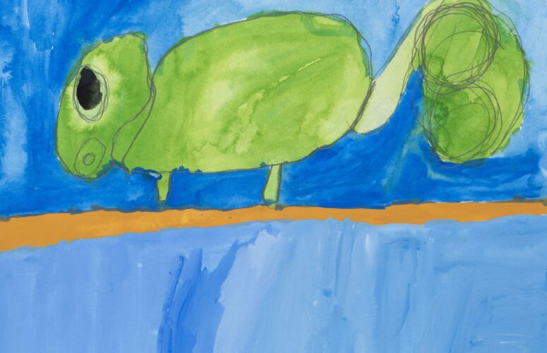 A drawing of a green chameleon on a branch.