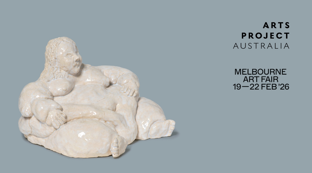 A ceramic sculpture of a lady is placed on a blue background to promote Melbourne Art Fair