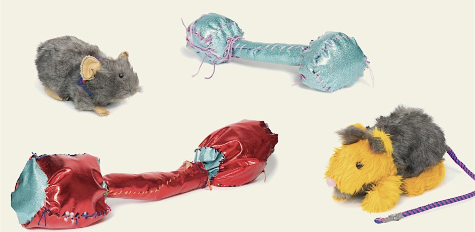 Soft sculpture rats and barbells