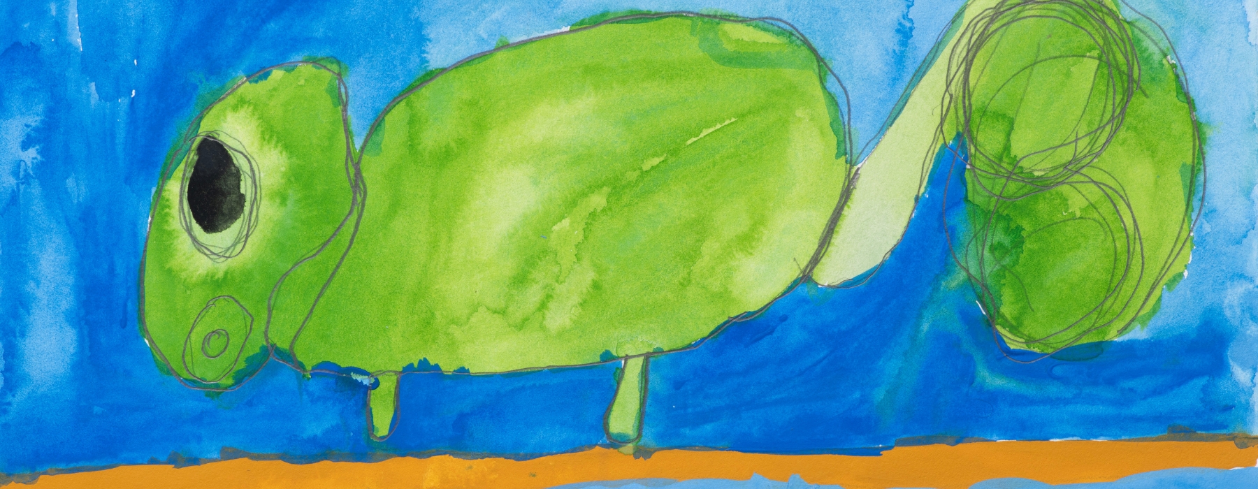 A drawing of a green chameleon on a branch.