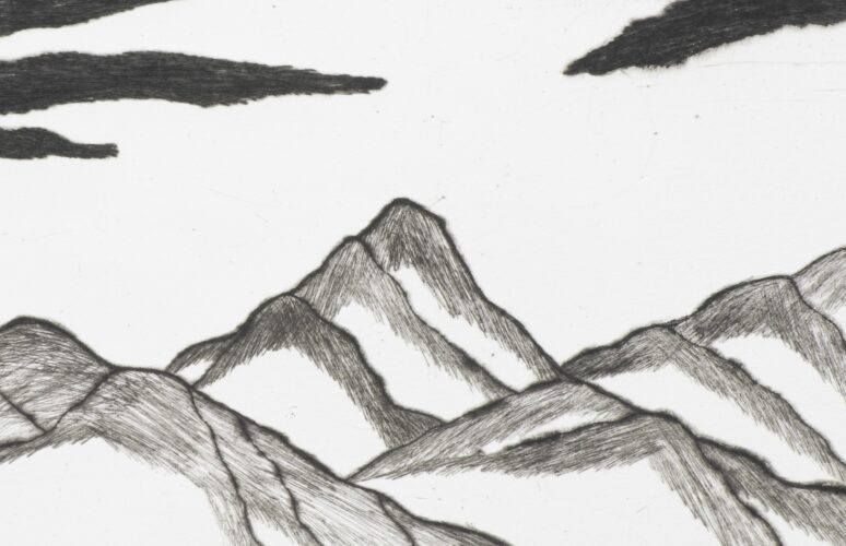 A drypoint print of a landscape. The print features cascading mountains and floating clouds.