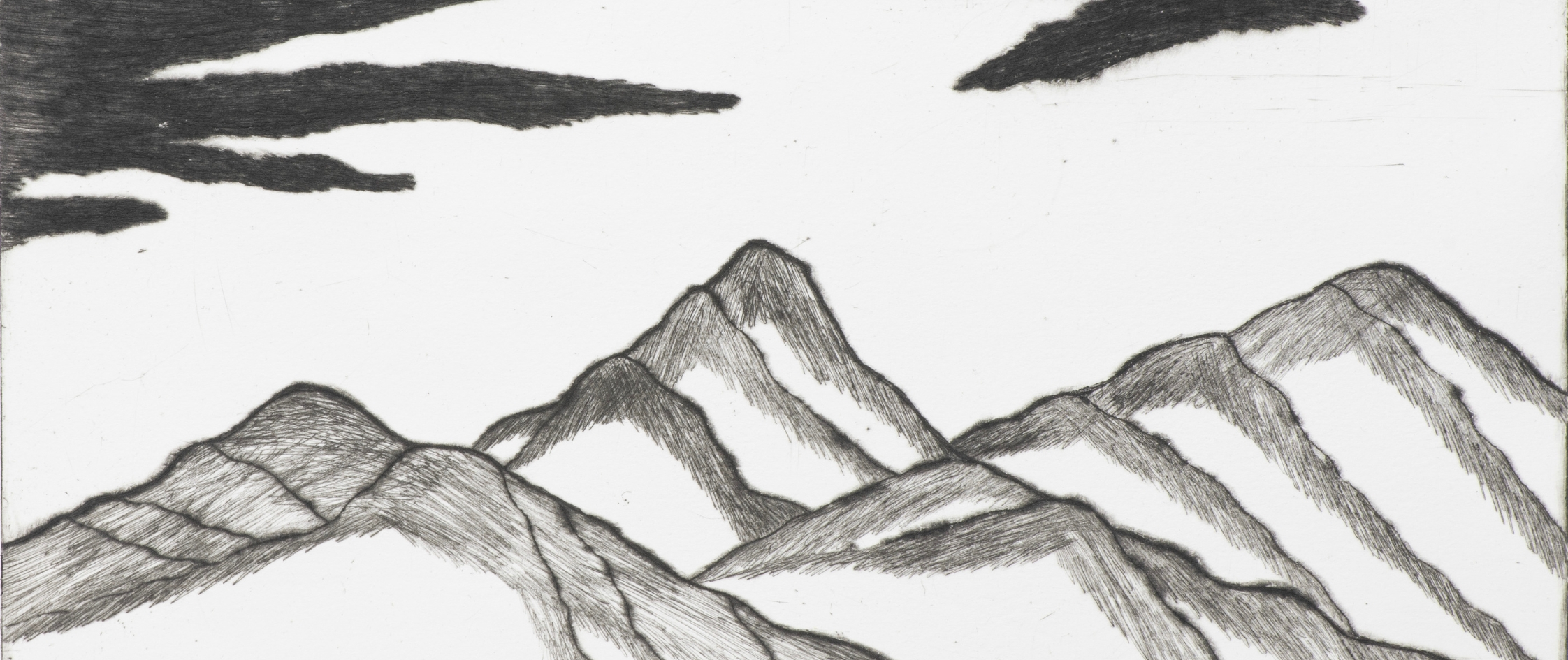 A drypoint print of a landscape. The print features cascading mountains and floating clouds.