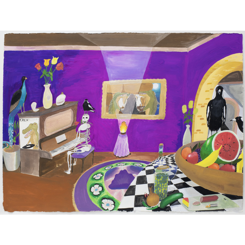 Magpie on top of the skull at the piano