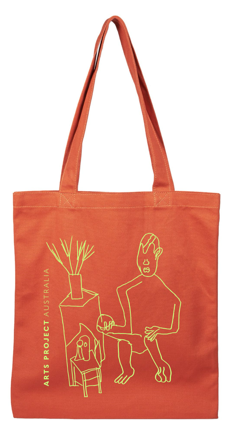 A bright orange tote bag featuring an image drawn by apa artist Peter Ben. The image is a green line drawing of a body.