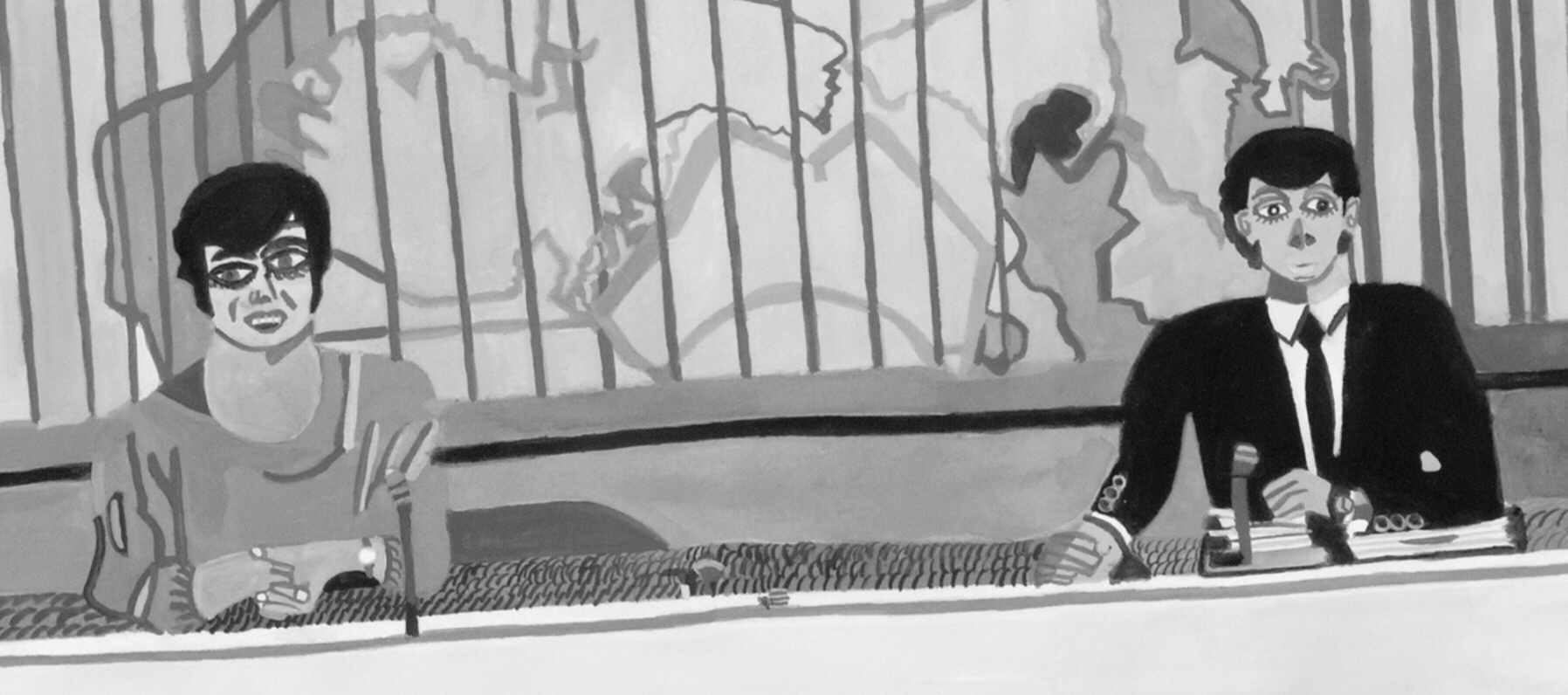 a banner promoting the a current affair exhibition. The banner features an artwork by Lisa Reid depiciting two people reading the news. The artwork is drawn in grey scale.