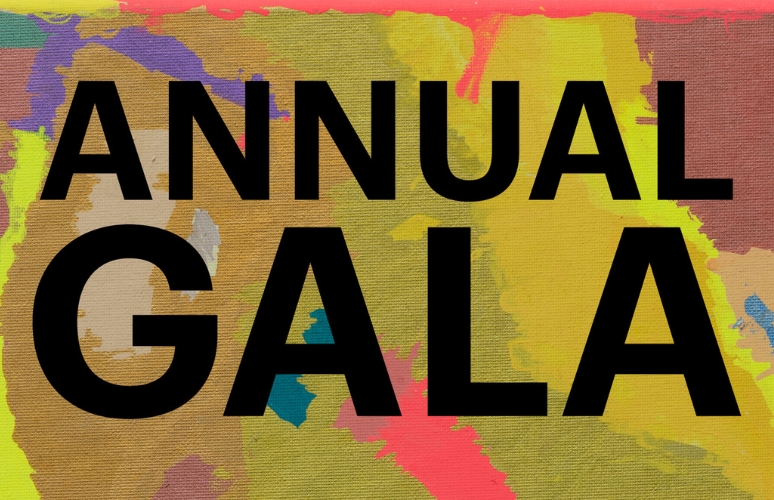 An abstract painting by Rebecca Sciblia in bright colours with the words Annual Gala in bold black text.